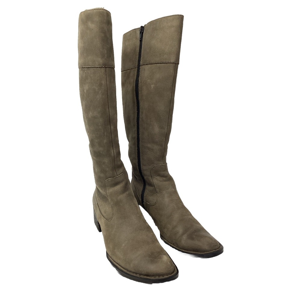 Born Tall Riding Boots Neutral Tan Nubuck Leather Size 6.5 Zip 1.5" Block Heel